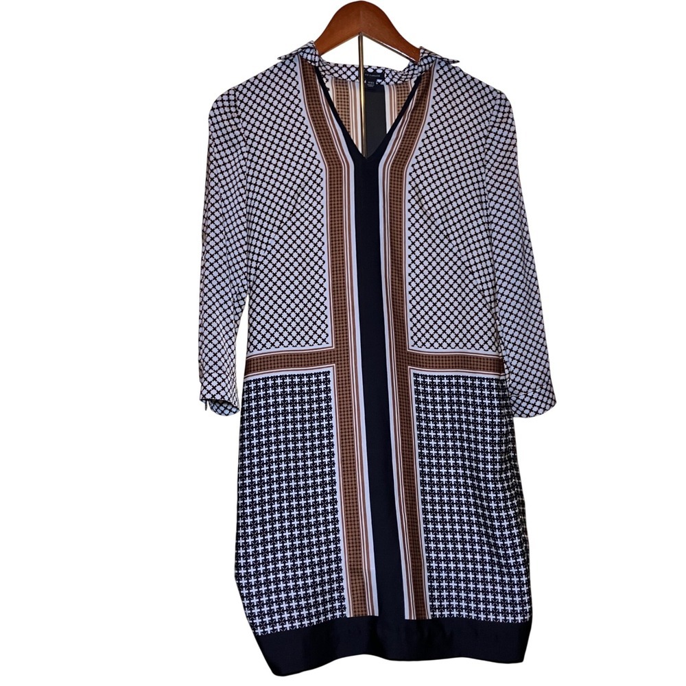 Ann Taylor Shift Dress Women's XXS Brown Geometric V-Neck Mod Tunic